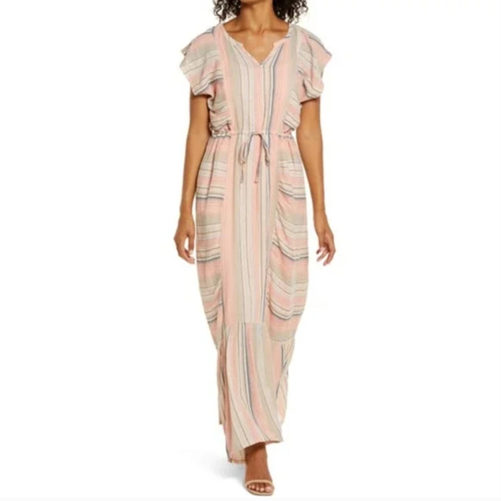 Caslon Pink Variegated Stripe Maxi Dress Flutter Sleeve Tie Waist Womens Size S
